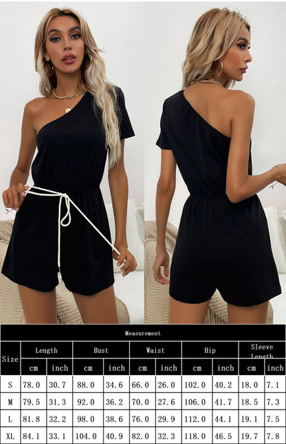 Women's Short Sleeve One Shoulder Tie Jumpsuit