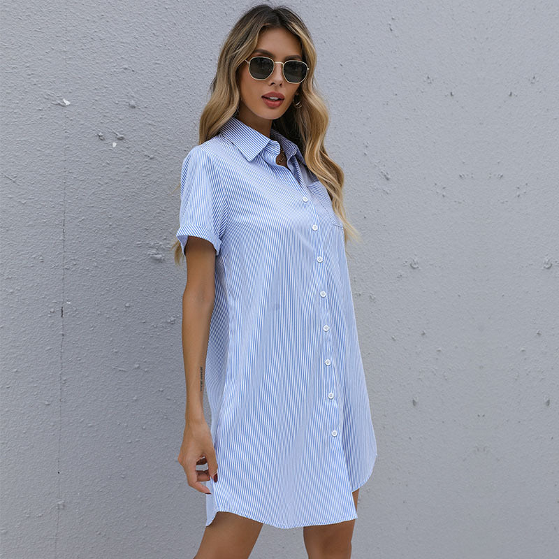 Women's Shirt Dress Short Sleeve Lapel Striped Dress