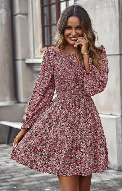 Round neck floral dress spring and summer long-sleeved all-match A-line skirt