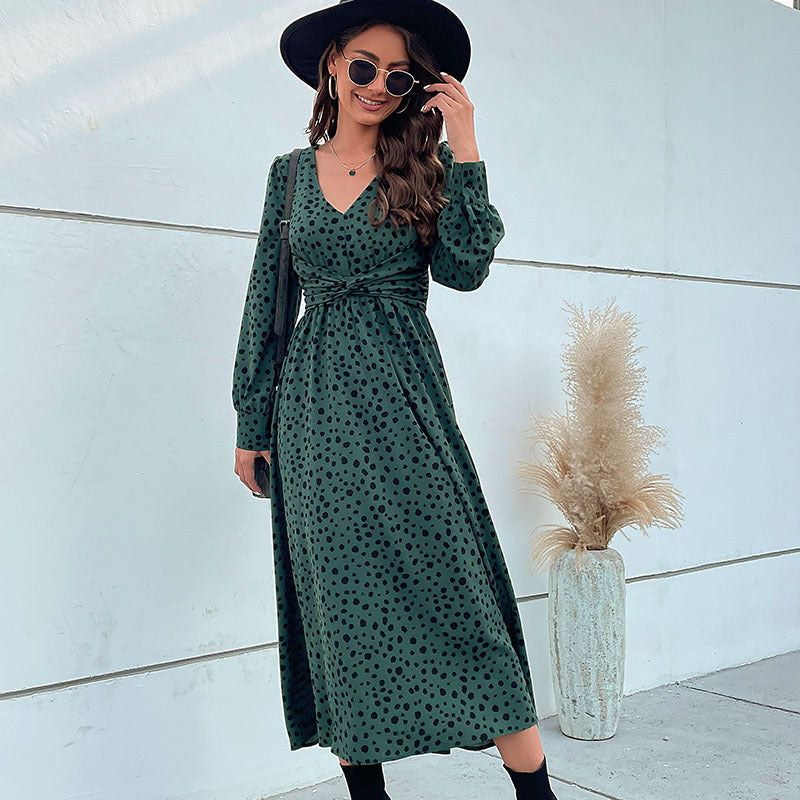 Fashion Ladies New Green Long Sleeve Leopard Long Dress