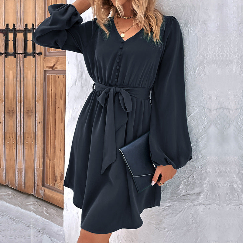 Women's Woven V-Neck Casual Long Sleeve Dress