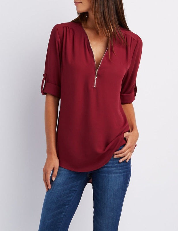 V-neck zipper large size women's long-sleeved pull-sleeve loose commuter chiffon shirt