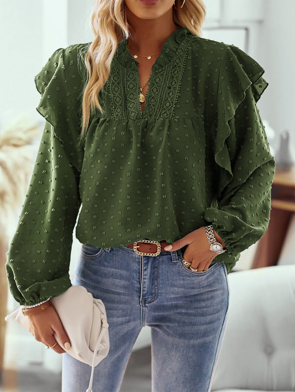 Ruffled Lantern Sleeve Lace Panel Shirt Top