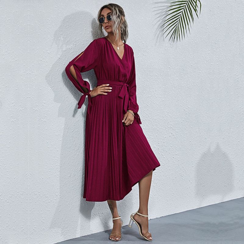 Women's Solid Color V-Neck Cutout Long Sleeve Dress