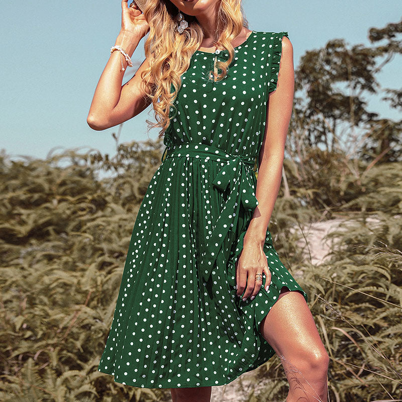 Crew Neck Short Sleeve Polka Dot Lace Up Dress