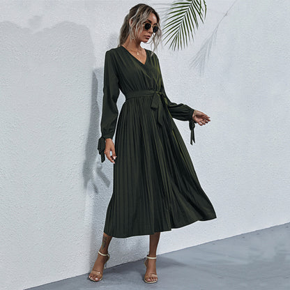 Women's Solid Color V-Neck Cutout Long Sleeve Dress