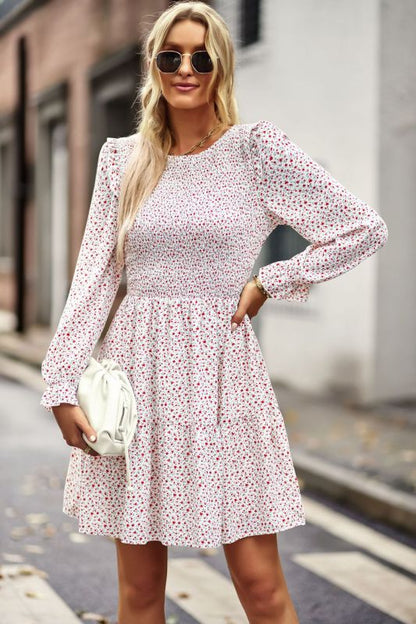 Round neck floral dress spring and summer long-sleeved all-match A-line skirt