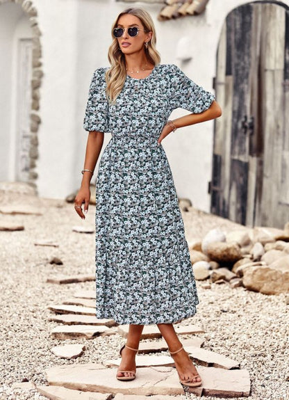 New round neck printed waist temperament A-line dress