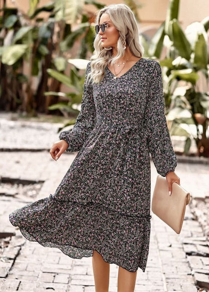 Women's V-Neck Puff Sleeve Swing Skirt Casual Dress