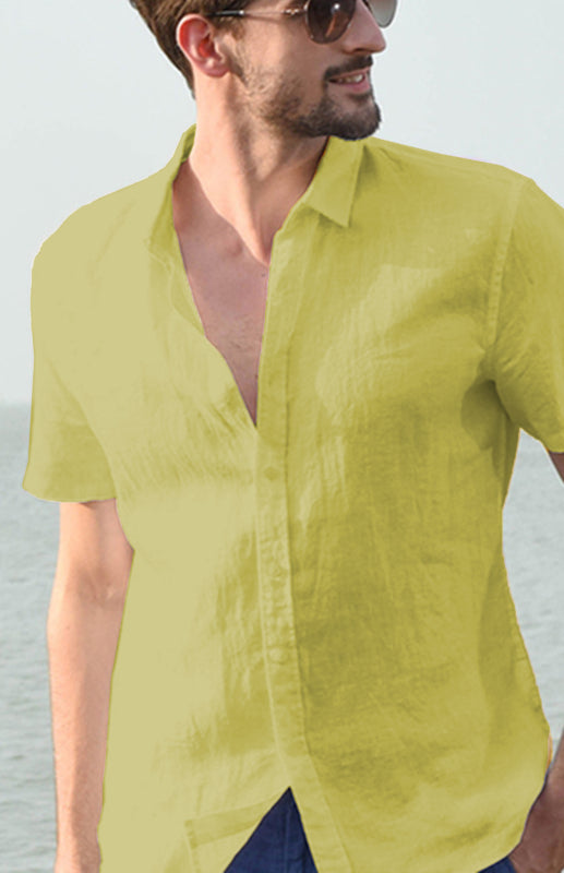 Men's Casual Linen Lapel Button Short-Sleeved Shirt