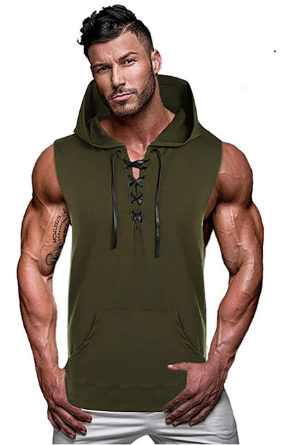 Men's Knit Sleeveless Lace-Up Hoodie