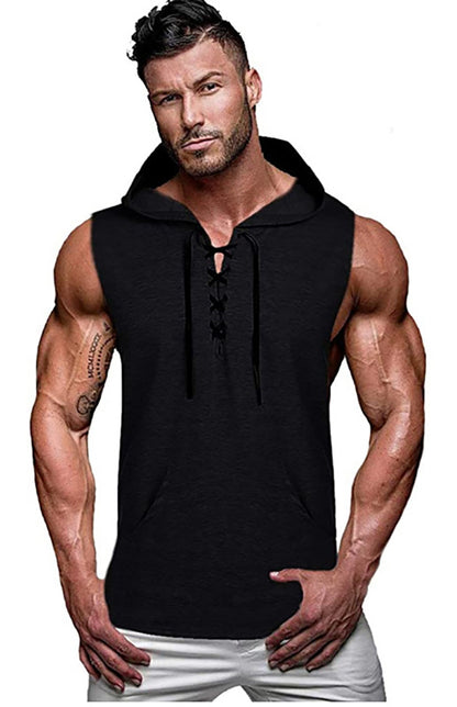 Men's Knit Sleeveless Lace-Up Hoodie