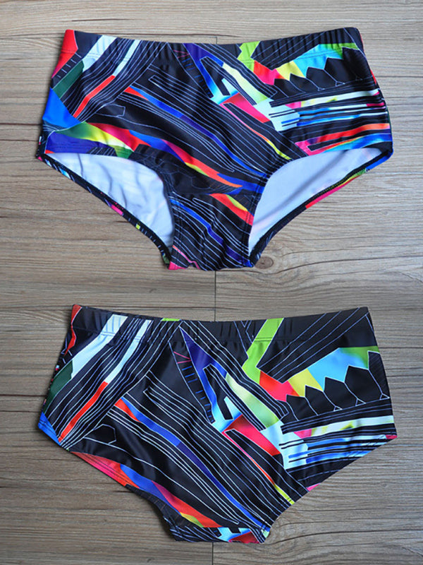 Men's Colorful Lines Geometric Irregular Print Boxer Swim Shorts