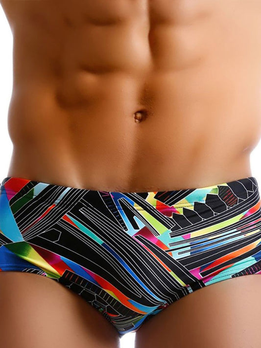 Men's Colorful Lines Geometric Irregular Print Boxer Swim Shorts