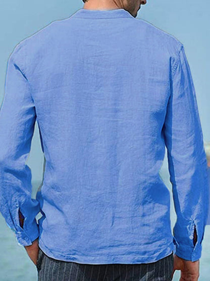 Men's Solid Color Cotton Linen Pocket Shirt