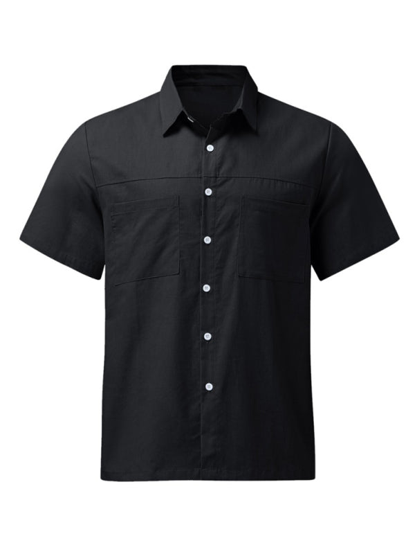 Men's Casual Button Down Shirt Cotton Linen Short Sleeve Pocket Wide Collar Shirt