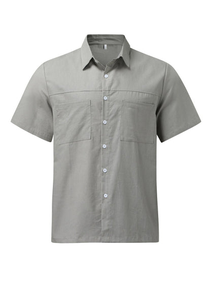 Men's Casual Button Down Shirt Cotton Linen Short Sleeve Pocket Wide Collar Shirt