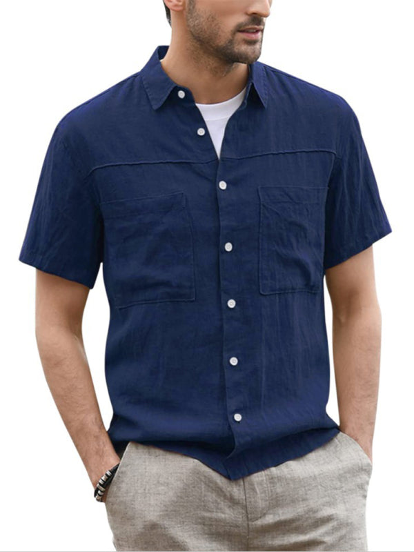 Men's Casual Button Down Shirt Cotton Linen Short Sleeve Pocket Wide Collar Shirt