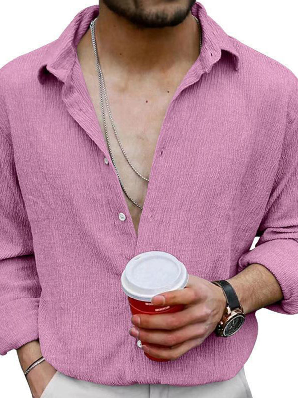 New Men's Solid Color Casual Lapel Long Sleeve Shirt