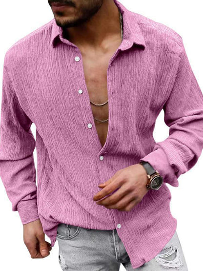 New Men's Solid Color Casual Lapel Long Sleeve Shirt