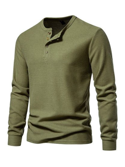 Men's Four Button Waffle Henley Neck Long Sleeve T-Shirt