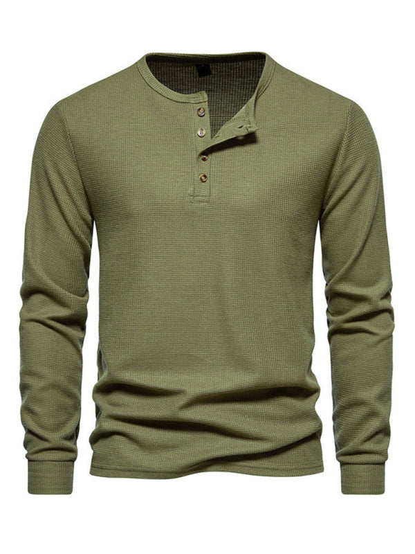 Men's Four Button Waffle Henley Neck Long Sleeve T-Shirt