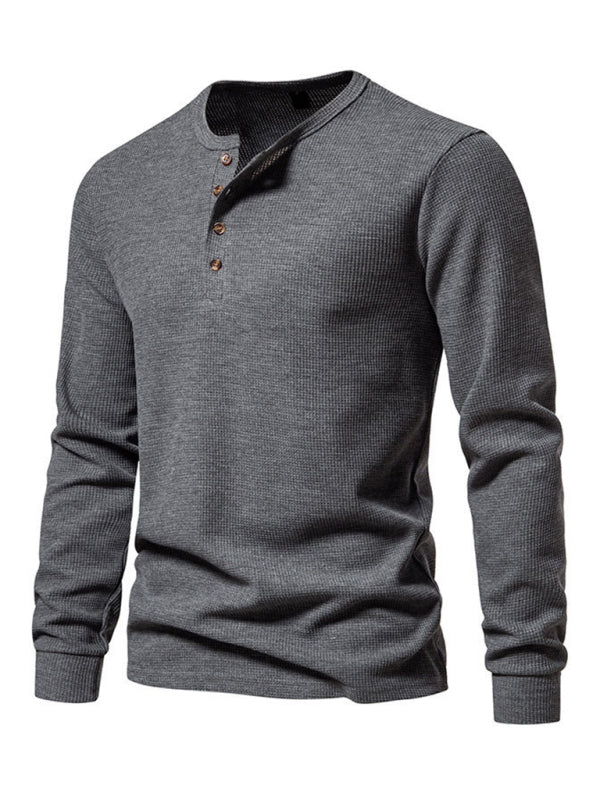 Men's Four Button Waffle Henley Neck Long Sleeve T-Shirt