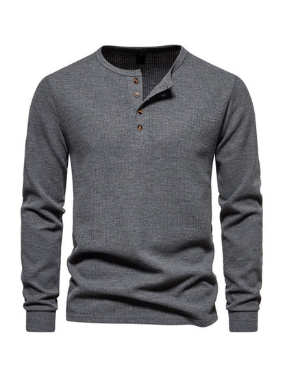 Men's Four Button Waffle Henley Neck Long Sleeve T-Shirt