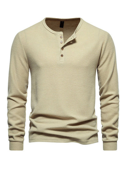 Men's Four Button Waffle Henley Neck Long Sleeve T-Shirt