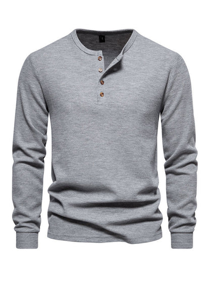 Men's Four Button Waffle Henley Neck Long Sleeve T-Shirt