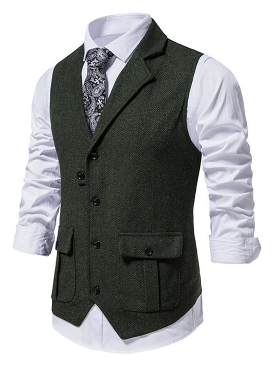 Men's herringbone tweed suit vest retro lapel vest