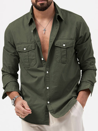 Men's new multi-pocket casual long-sleeved shirt top