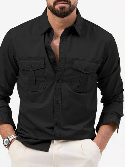 Men's new multi-pocket casual long-sleeved shirt top