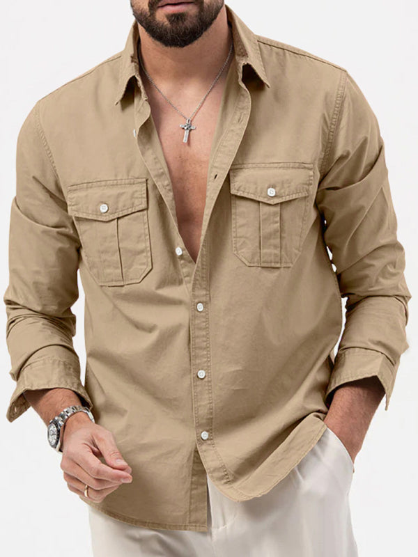 Men's new multi-pocket casual long-sleeved shirt top