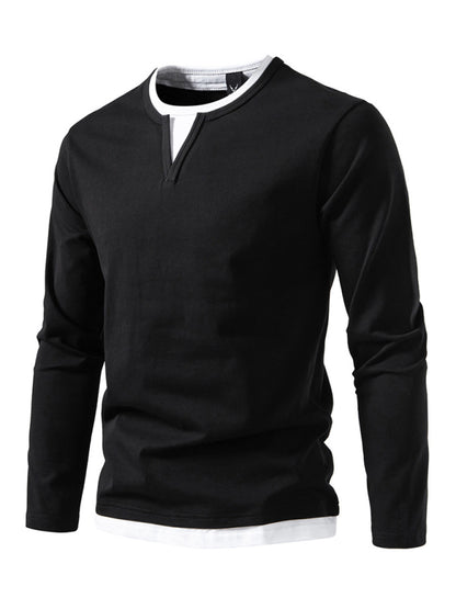 Men's T-shirt Fake two-piece double-layer V-neck stitching bottoming shirt Men's long-sleeved T-shirt