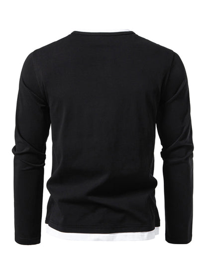 Men's T-shirt Fake two-piece double-layer V-neck stitching bottoming shirt Men's long-sleeved T-shirt