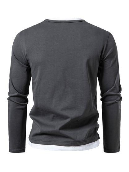 Men's T-shirt Fake two-piece double-layer V-neck stitching bottoming shirt Men's long-sleeved T-shirt