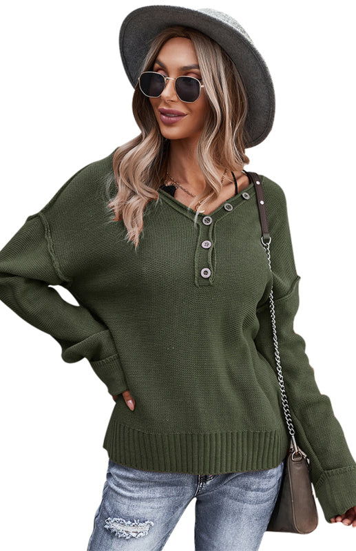 Women's Solid Color V Neck Single Breasted Sweater