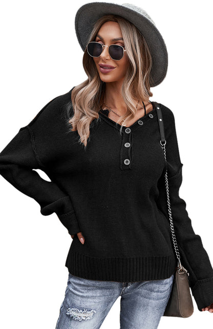 Women's Solid Color V Neck Single Breasted Sweater