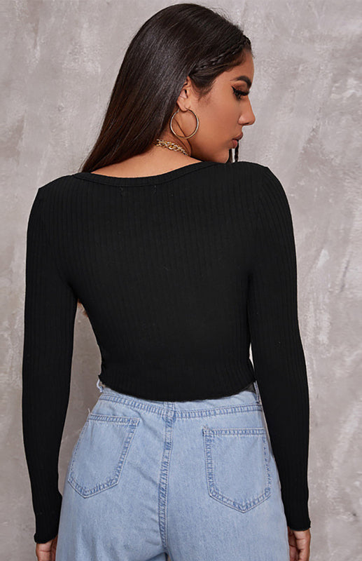 Women'S Sexy Button Crop Long Sleeve Top