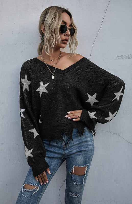 Women's Star Pattern V-Neck Fringe Women's Knit Sweater