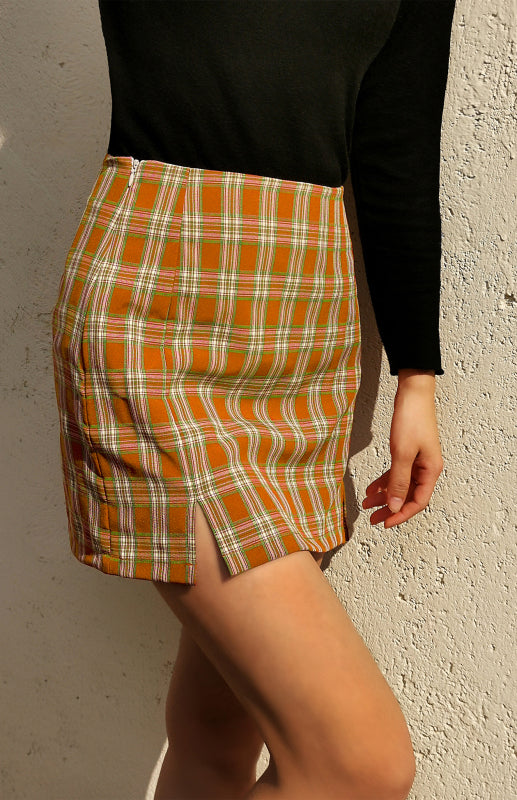 Versatile Hip Wrap Split High Waist Plaid Skirt