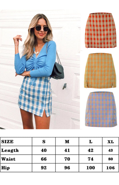 Versatile Hip Wrap Split High Waist Plaid Skirt