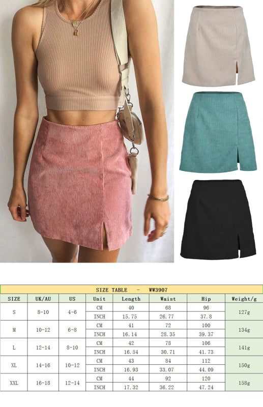 High Waist Corduroy Skirt Solid Split A-Line Skirt