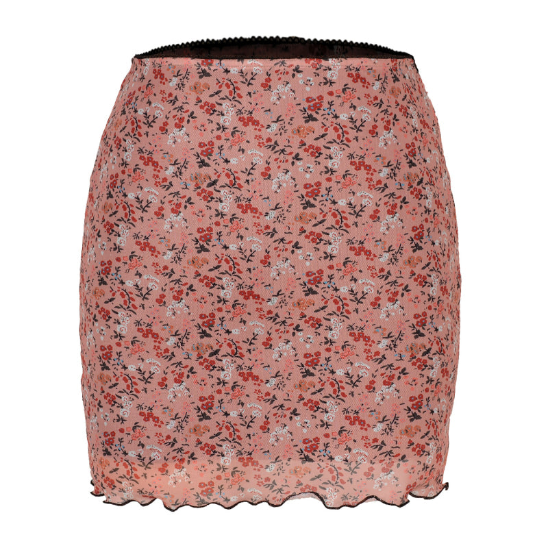 Printed Mesh High Waist Double-Layer Slim Package Hip Half-Body Skirt