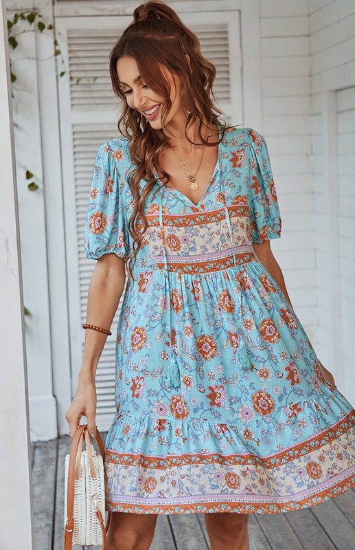 Floral Print Puff Sleeve Bohemian Dress