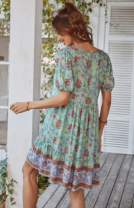 Floral Print Puff Sleeve Bohemian Dress