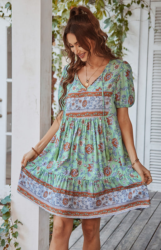 Floral Print Puff Sleeve Bohemian Dress