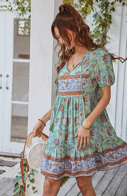 Floral Print Puff Sleeve Bohemian Dress