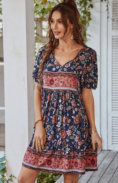 Floral Print Puff Sleeve Bohemian Dress